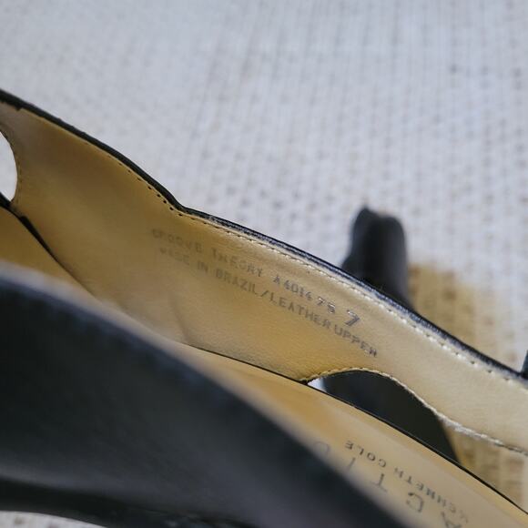 Y2K Vintage Womens 7 Black Leather Slingback Heels Chunky Sole Peep Toe - Picture 7 of 7